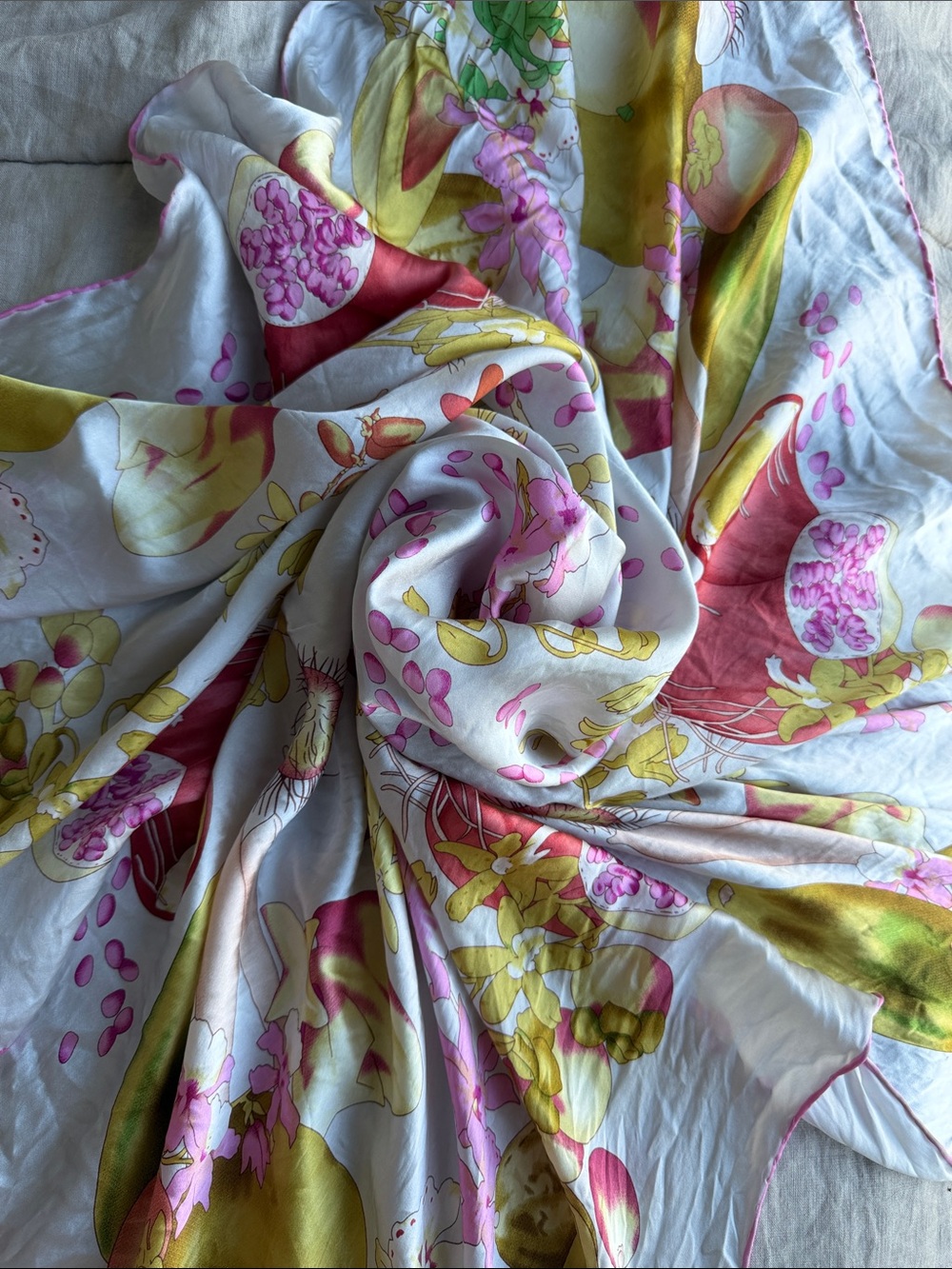 Fruit Print Silk Scarf in fruit & floral motif with soft pink, sage green